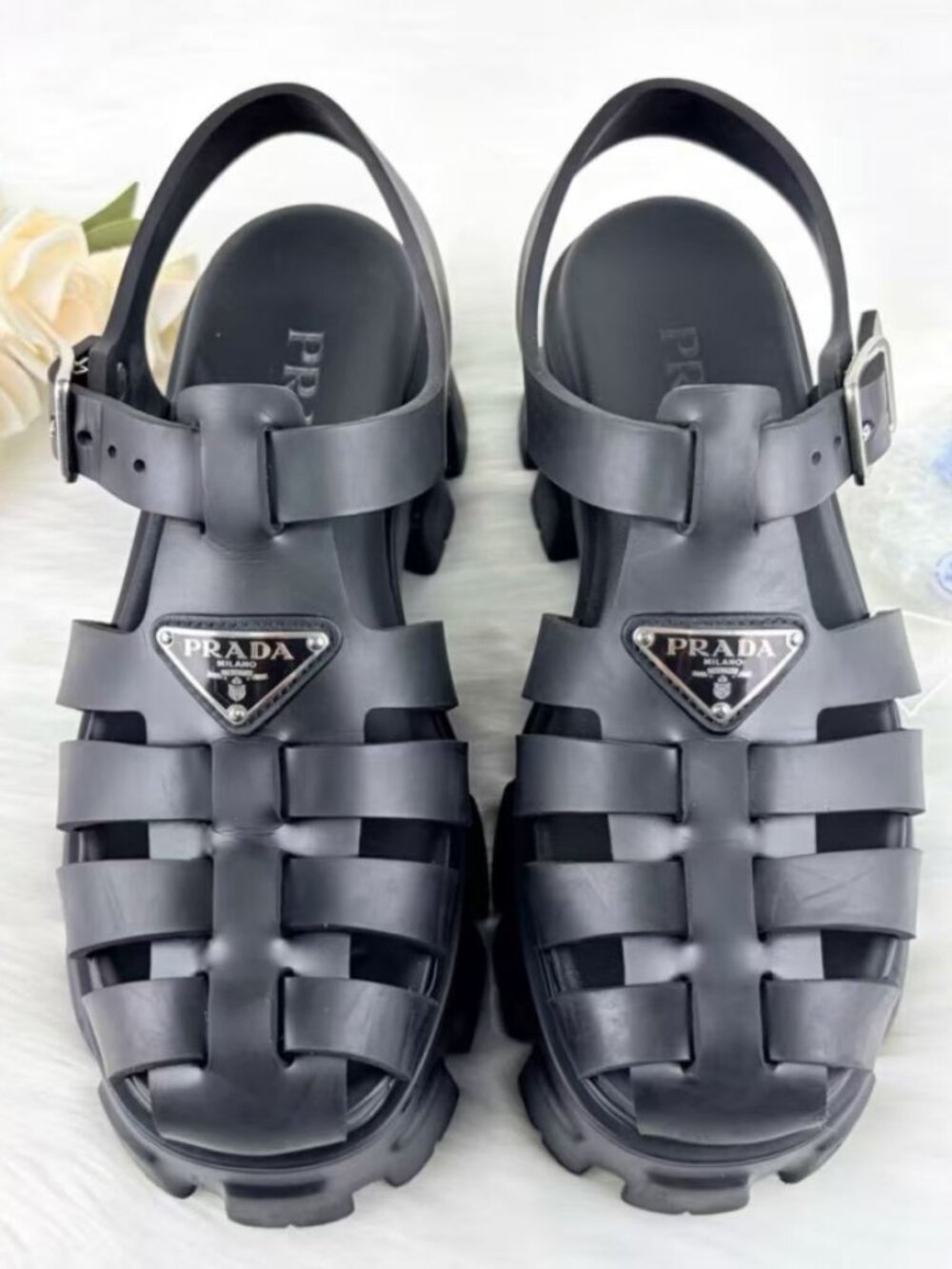 Prada Black Woven Cage Platform Lug Sole Slingback Sandals